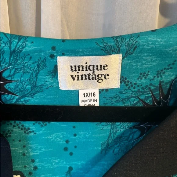 Unique Vintage Teal and Black Button-Up Midi Dress - Picture 3 of 4